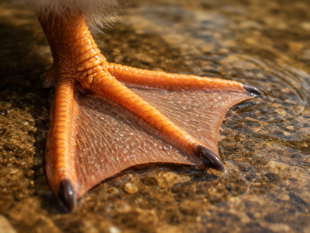 Close-up macro of a duck foot showing webbing between toes in water, emphasizing the webbed structure.