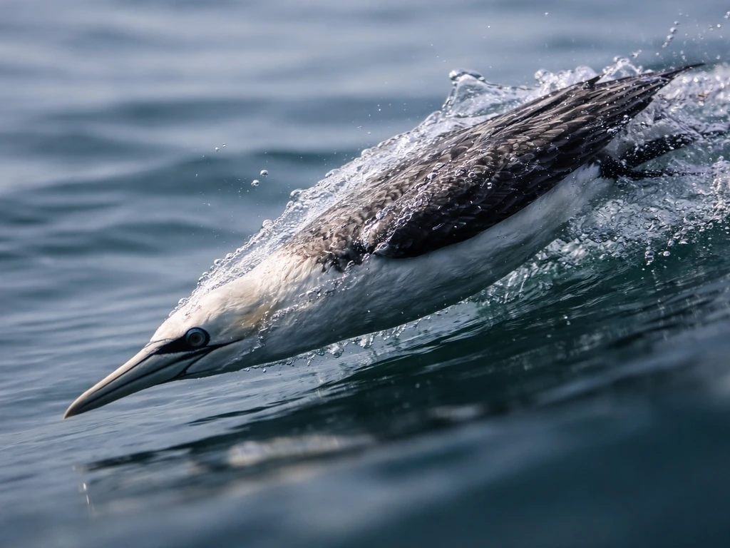 Underside side view of a streamlined diving bird with wet feathers, suggestive of underwater control