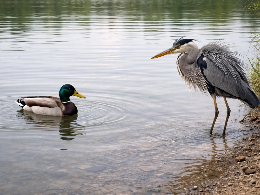 Duck floats and swims while a heron struggles at the water’s edge in shallow water.
