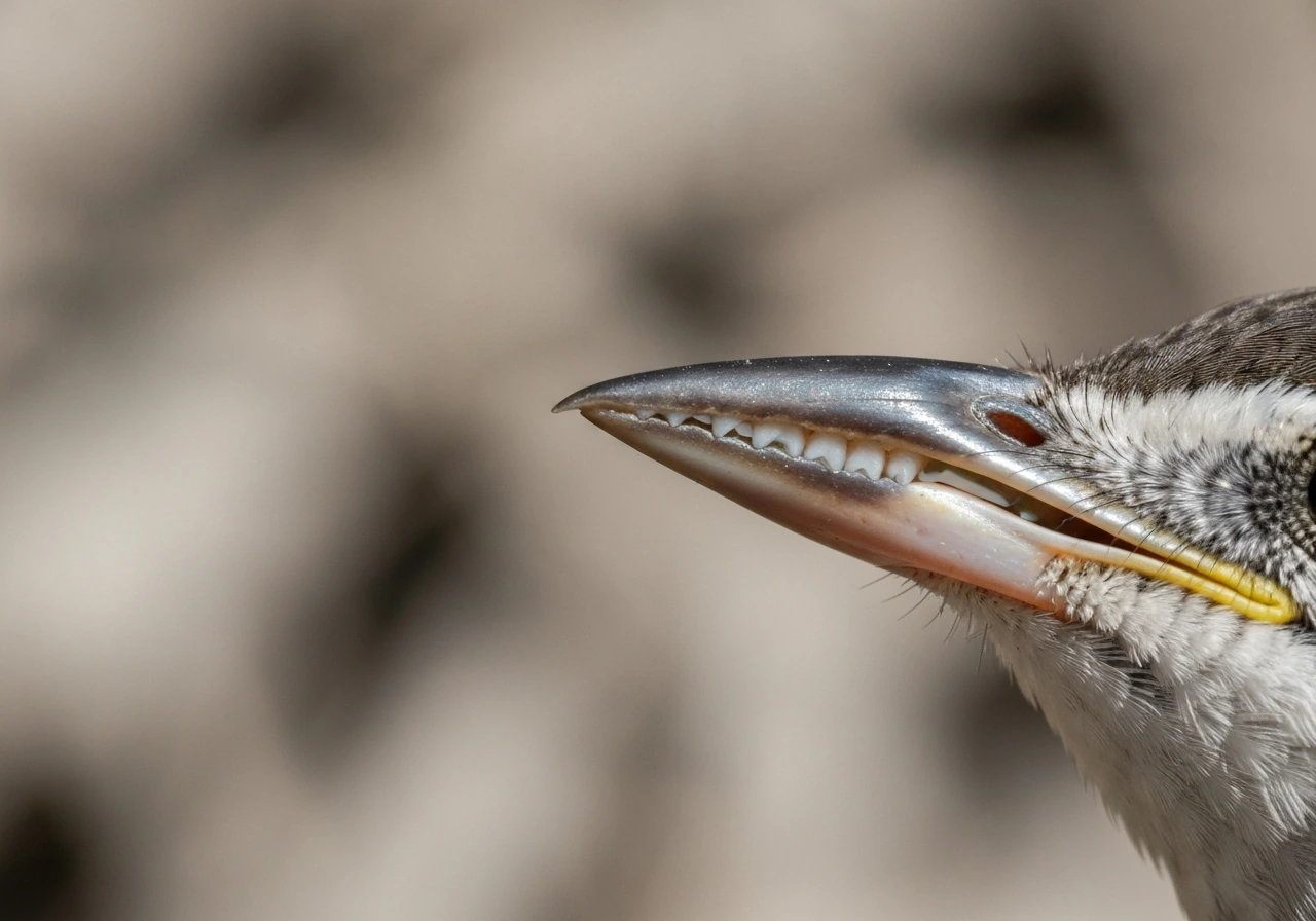 Macro close-up of a bird beak tip with tooth-like serrations and textured ridges.