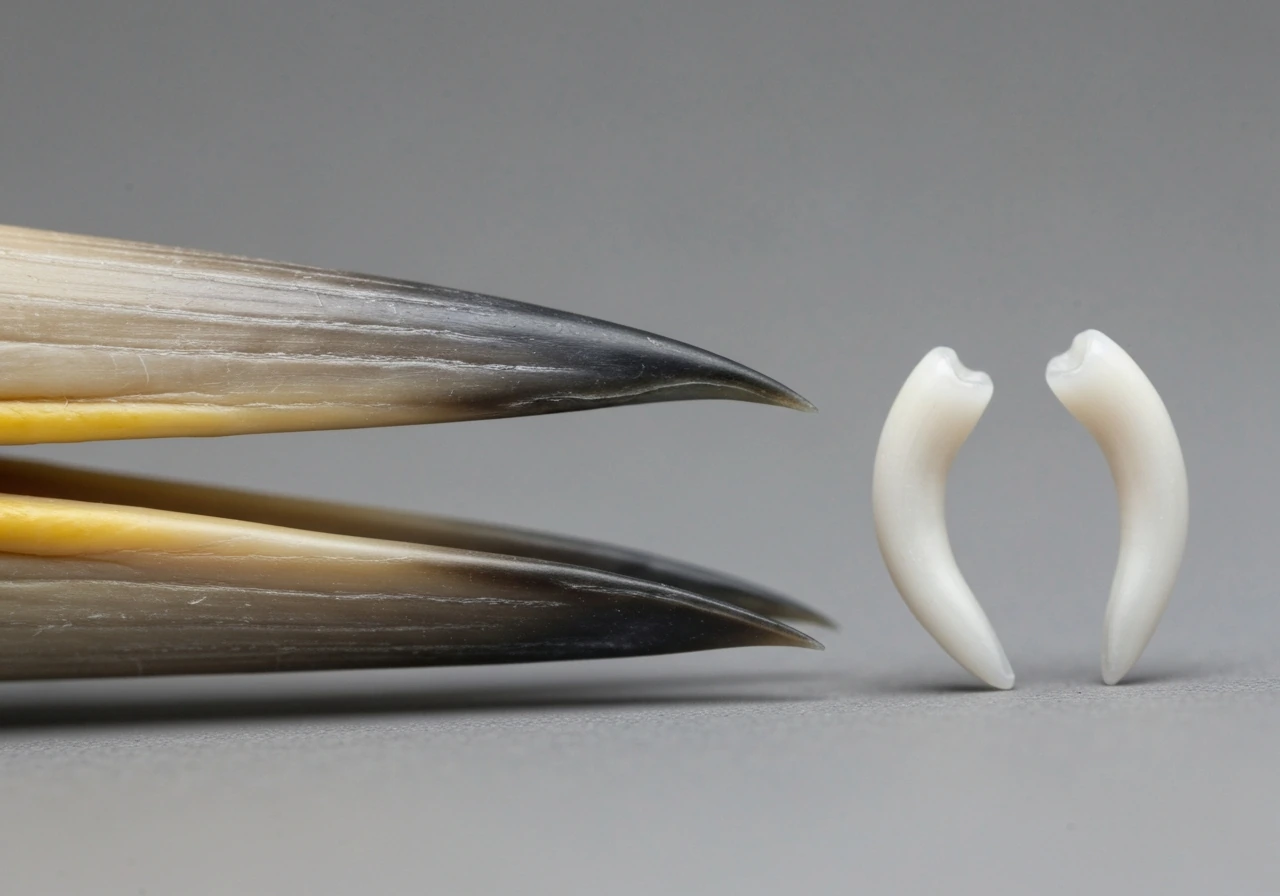 Close-up of a bird’s beak cutting edge beside tooth-like structures in a simple neutral background