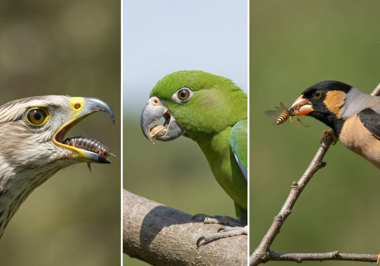 Three bird beaks side by side gripping prey, cracking a seed, and picking an insect.
