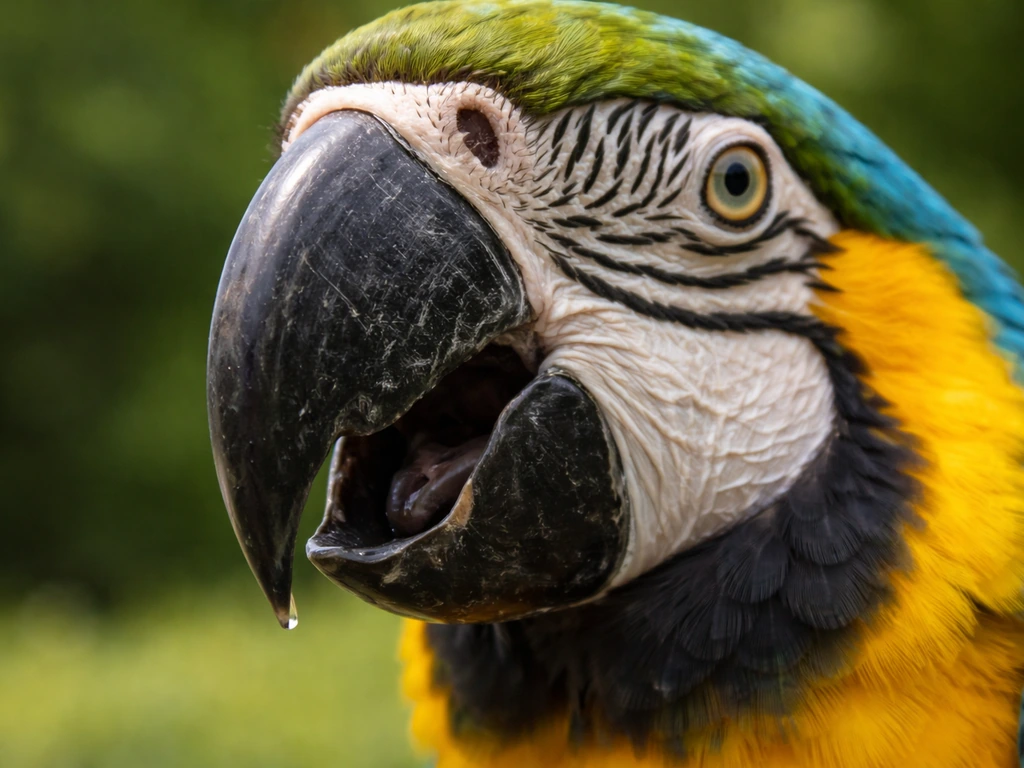 Dramatic close-up of a macaw’s powerful beak and skull, showing strength and bite force.