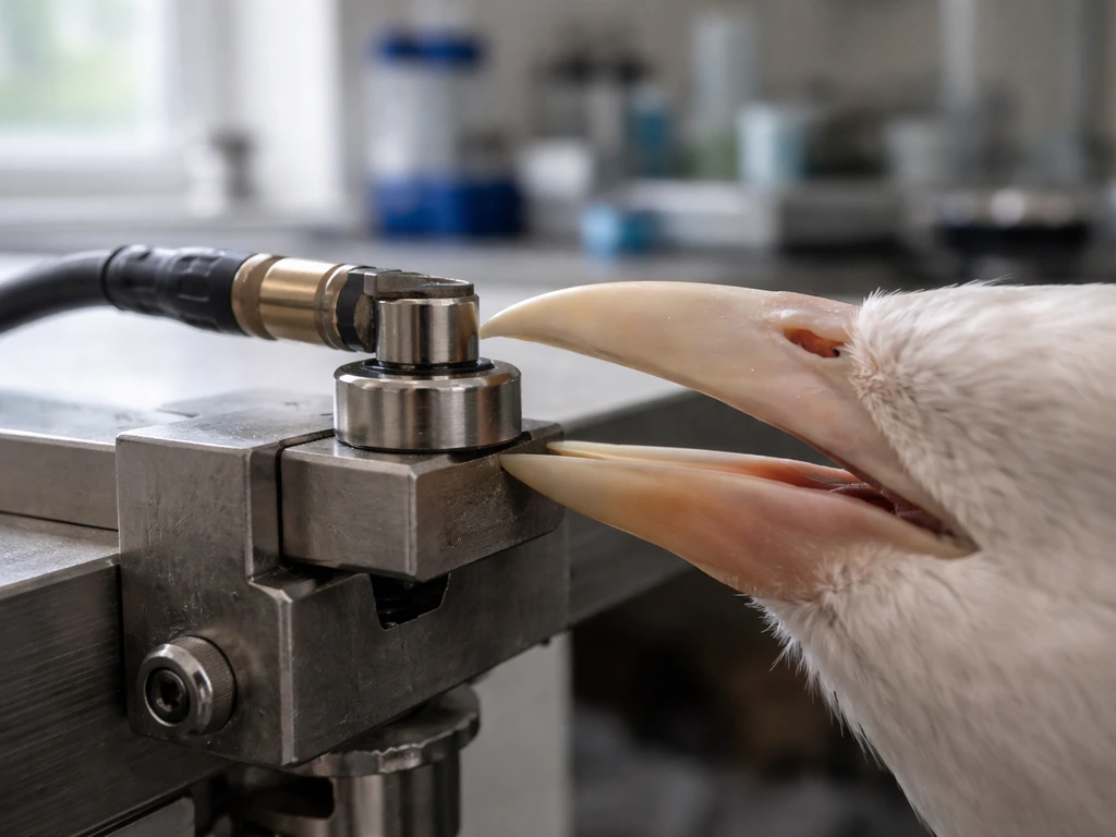 Close-up of a bird beak biting a piezoelectric force transducer in a quiet research lab.
