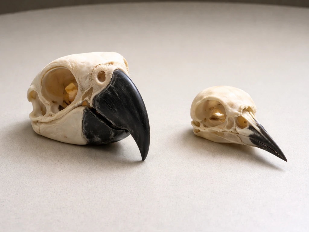 Side-by-side skull-like models of a large parrot and a small songbird on a neutral surface