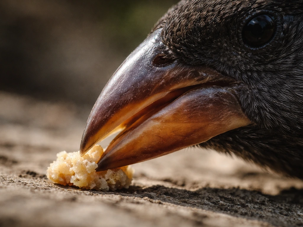 Macro side view of a ground finch beak showing deep width and keratin texture near food.