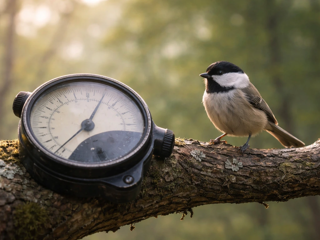 Bird perched on a branch beside a weathered altimeter instrument, with a simple altitude scale visible.