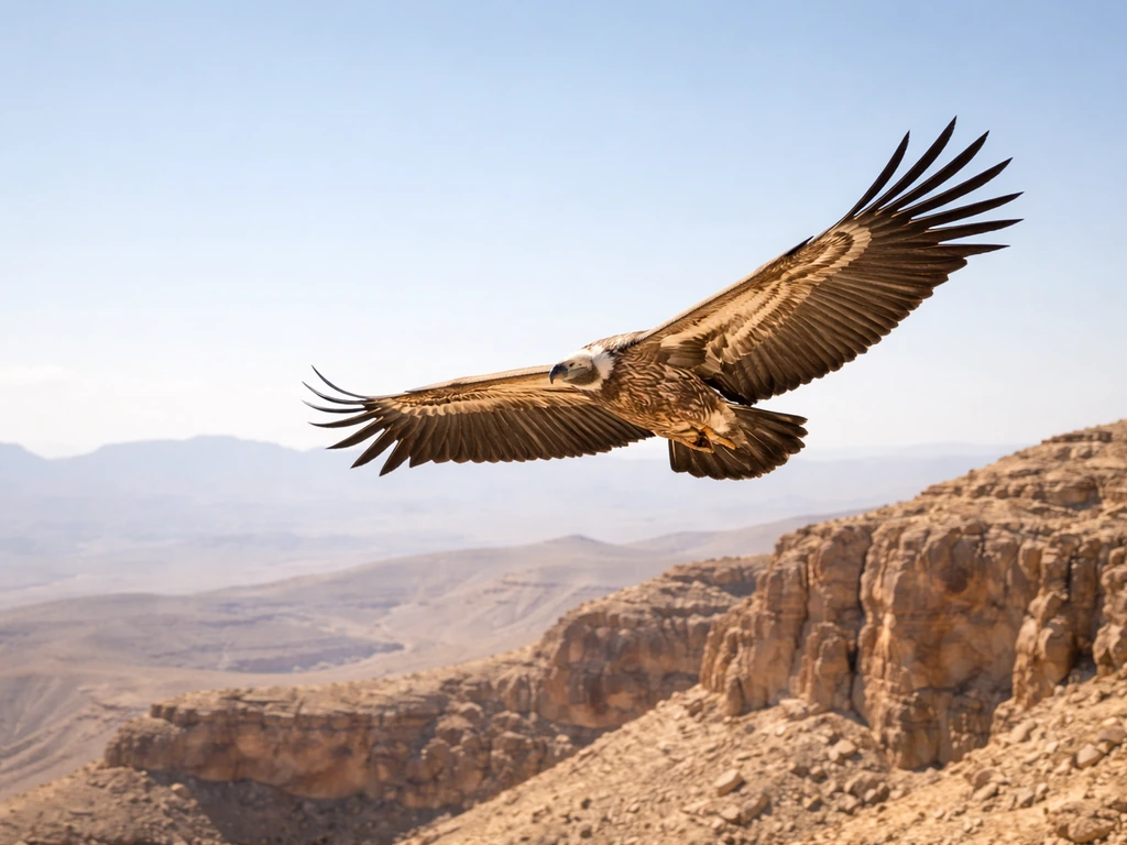 A Rüppell’s griffon vulture soaring over rocky desert cliffs in bright daylight.