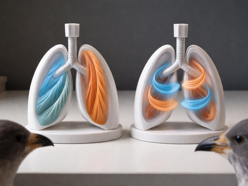 Lab table with two simple lung models and translucent airflow ribbons showing one-way vs tidal breathing.