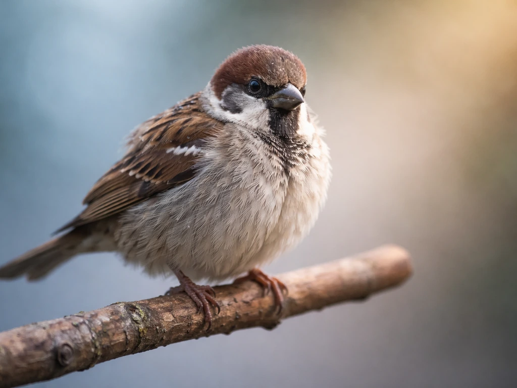 Small sparrow perched with one wing slightly fluffed, showing feather insulation in contrasting cool light