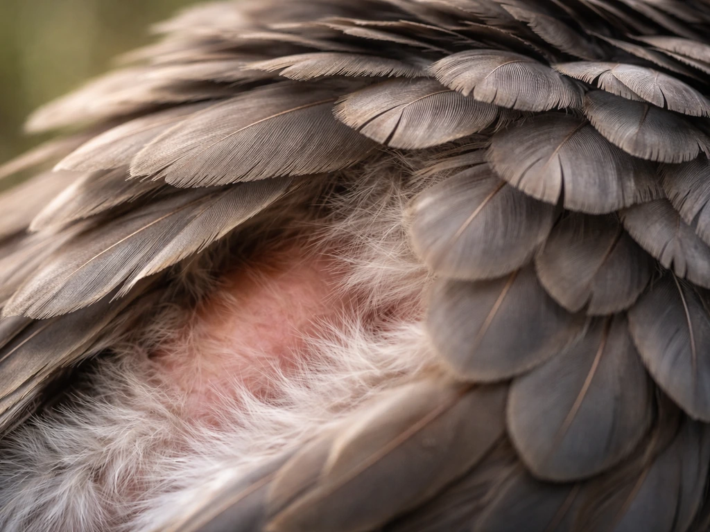 Close-up of bird feathers with slightly fluffed contour plumage trapping still air near skin, insulating.