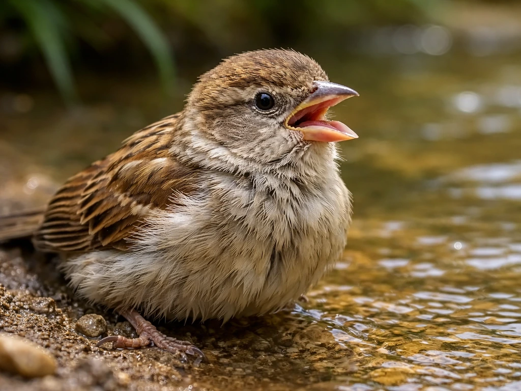 A small bird near water with an open mouth, panting in hot weather.