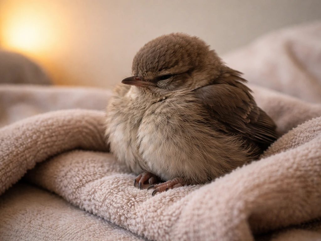A small bird in protective fluffing, hunched posture indoors on a warm towel, legs/feet kept warm