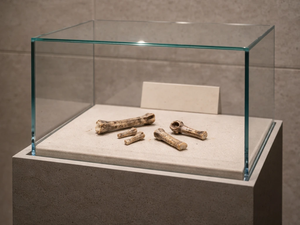 Museum display with fossilized bird bone fragments showing mineralized textures and hollow interiors