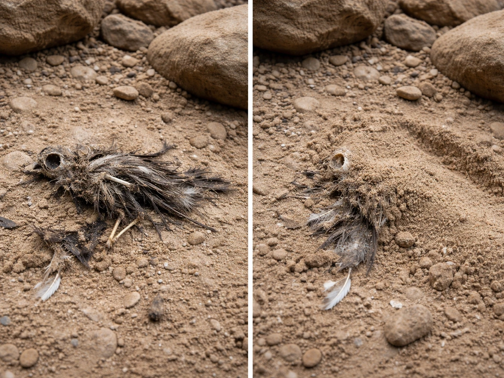 Split scene of exposed scavenged bird carcass versus nearby quickly buried remains under sediment.