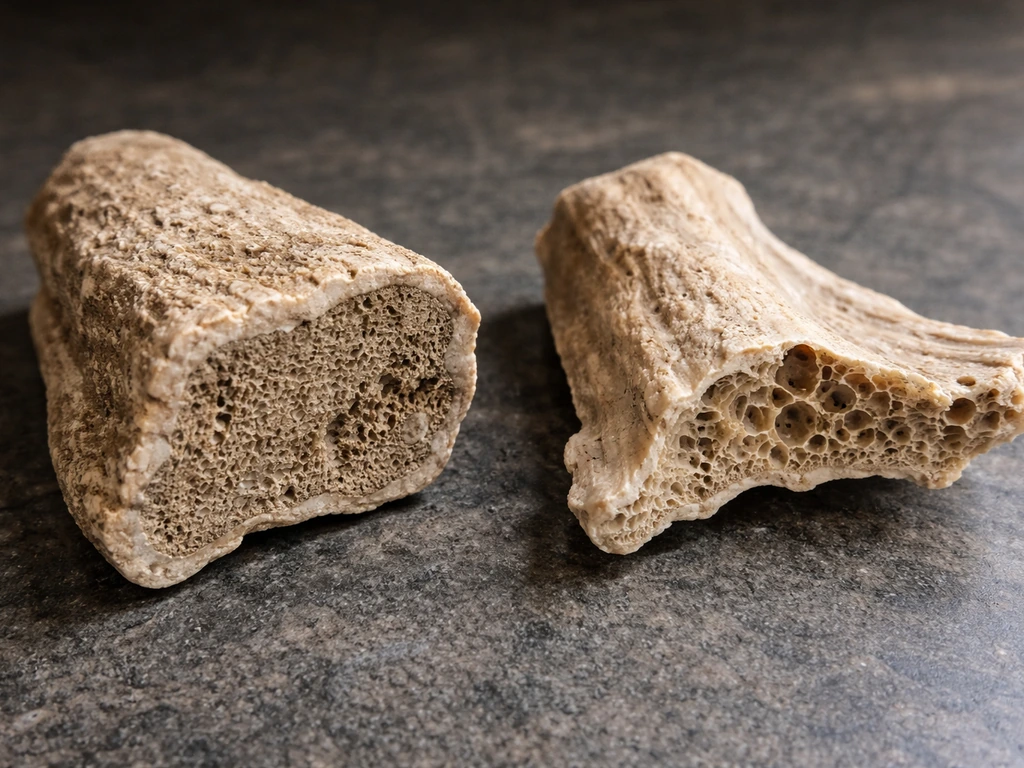 Close-up of thick-walled dense fossil bone fragment beside a thin-walled fragile fragment on stone.