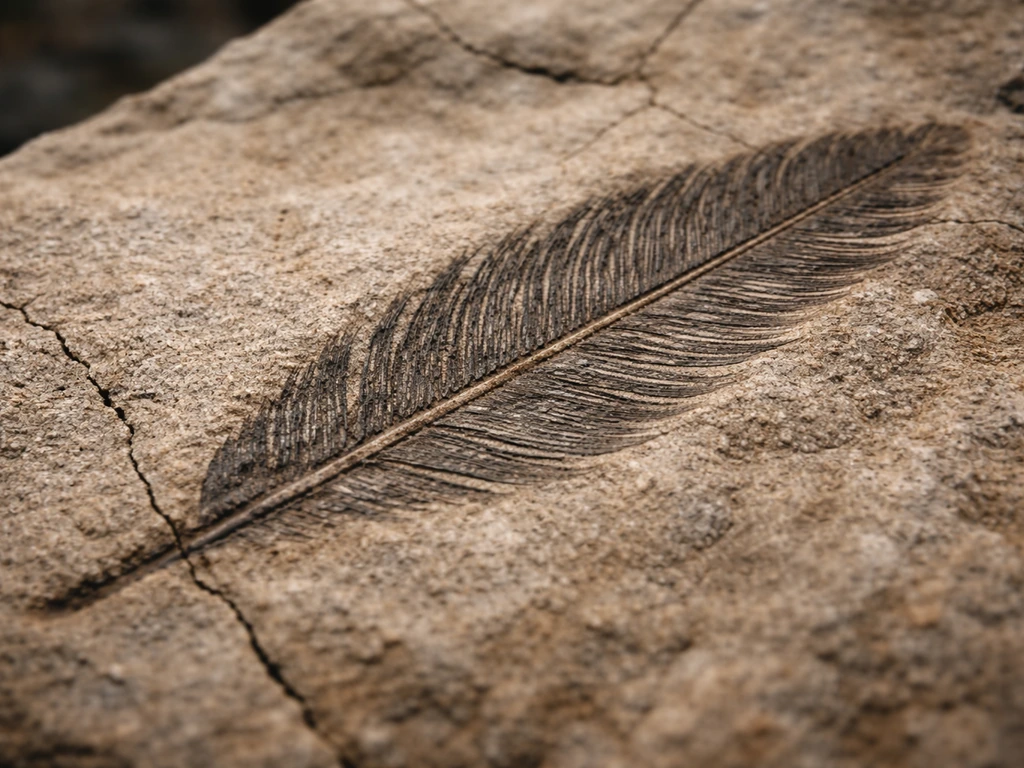 Close-up of a bird feather impression and faint carbonized film embedded in rough rock