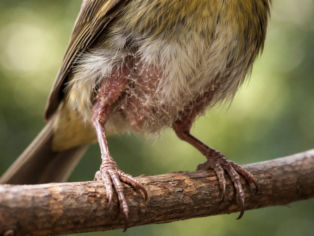 Close-up of a bird’s feather bases with exposed skin on legs/feet and uneven coverage