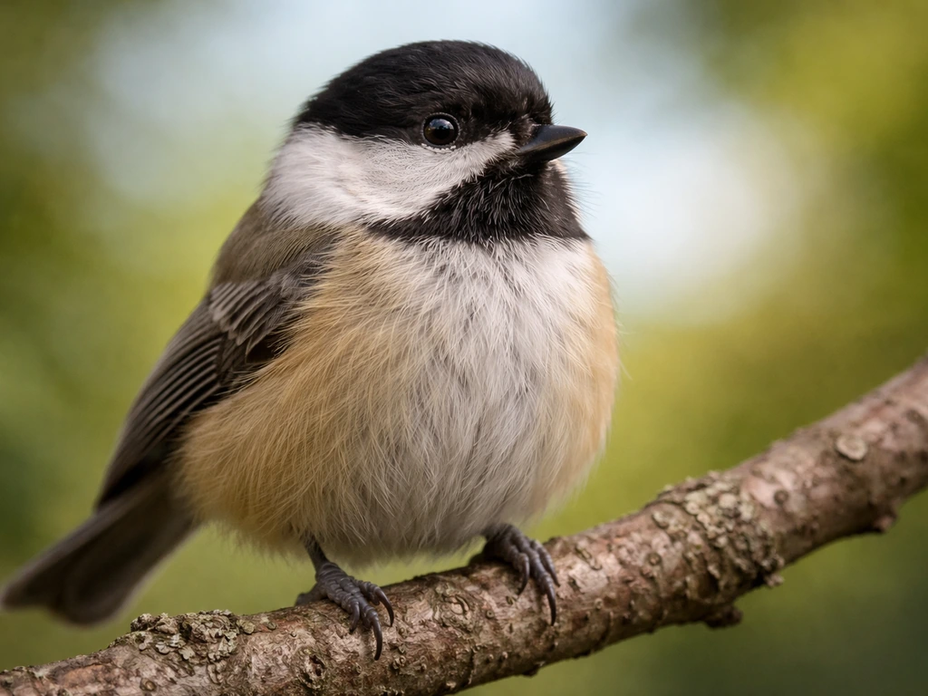 Close-up of a single small bird with visible contour feathers and soft down at the chest and wing edges.