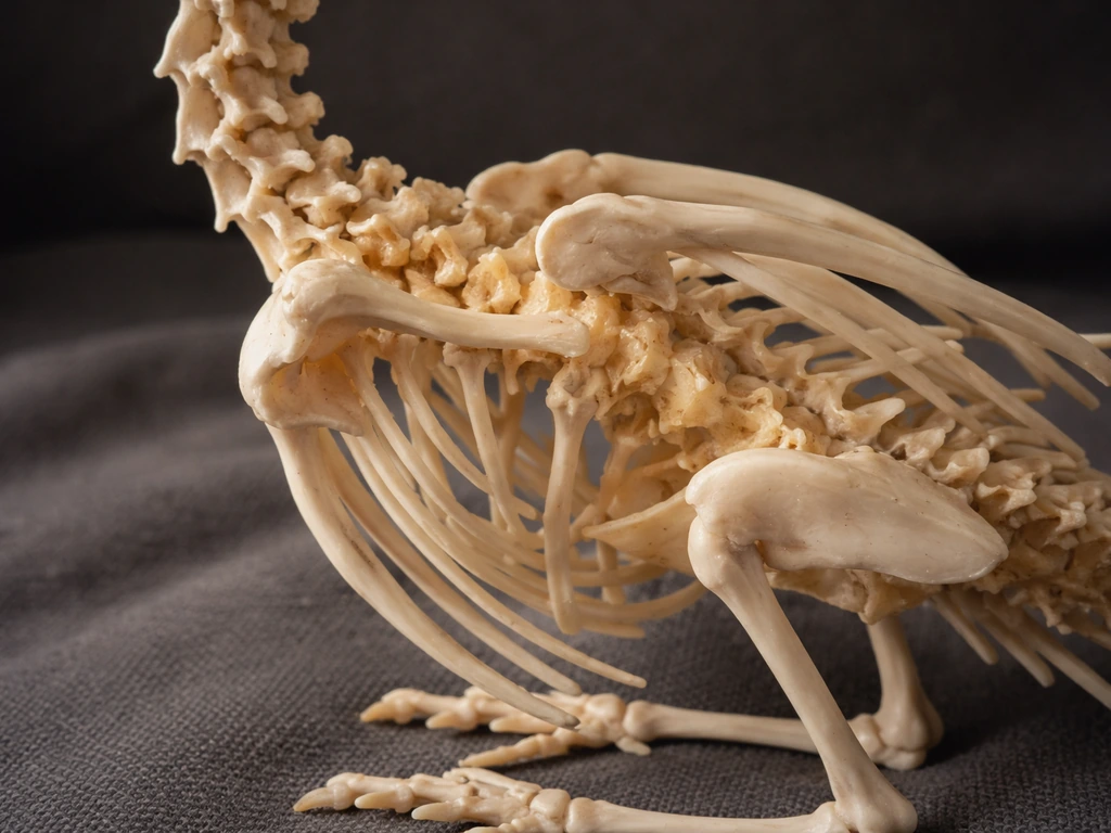 Close-up of an off-white bird skeleton model showing subtle fusion at bone segments against a dark background.