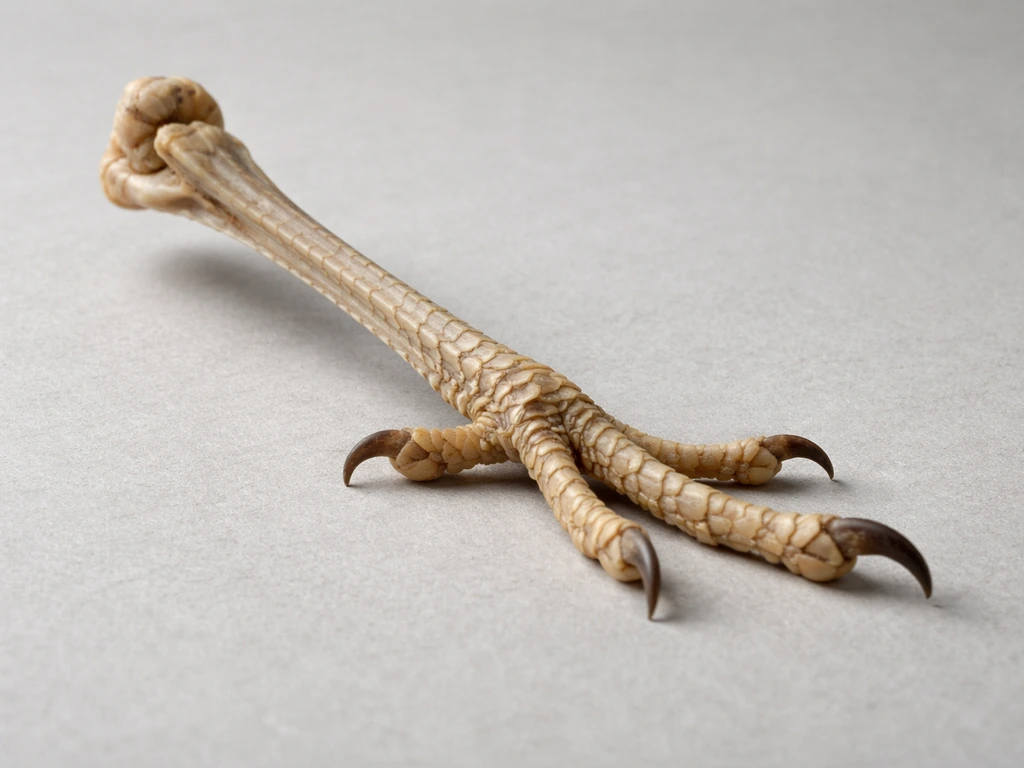 Macro view of a bird leg showing femur, tibiotarsus, tarsometatarsus, and toe bones on a neutral surface.