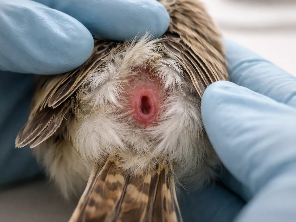 Close-up photo of a small bird’s tail and vent area showing digestive, urinary, and reproductive openings conceptually
