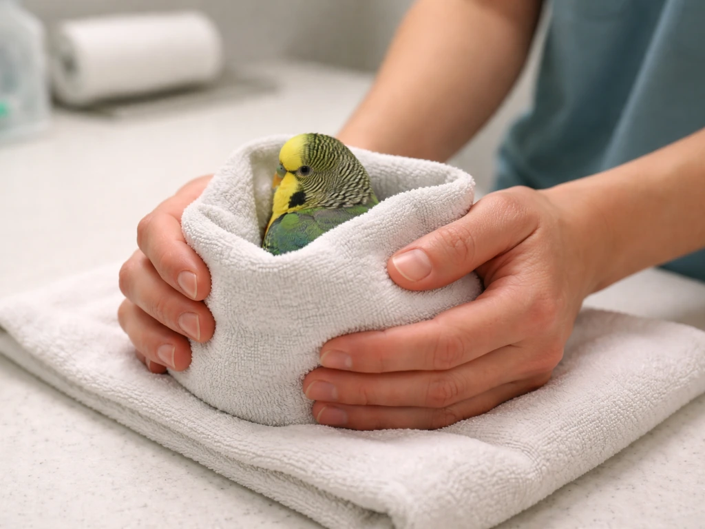 Small bird gently cradled in a towel with careful handler hands in a clean veterinary room.