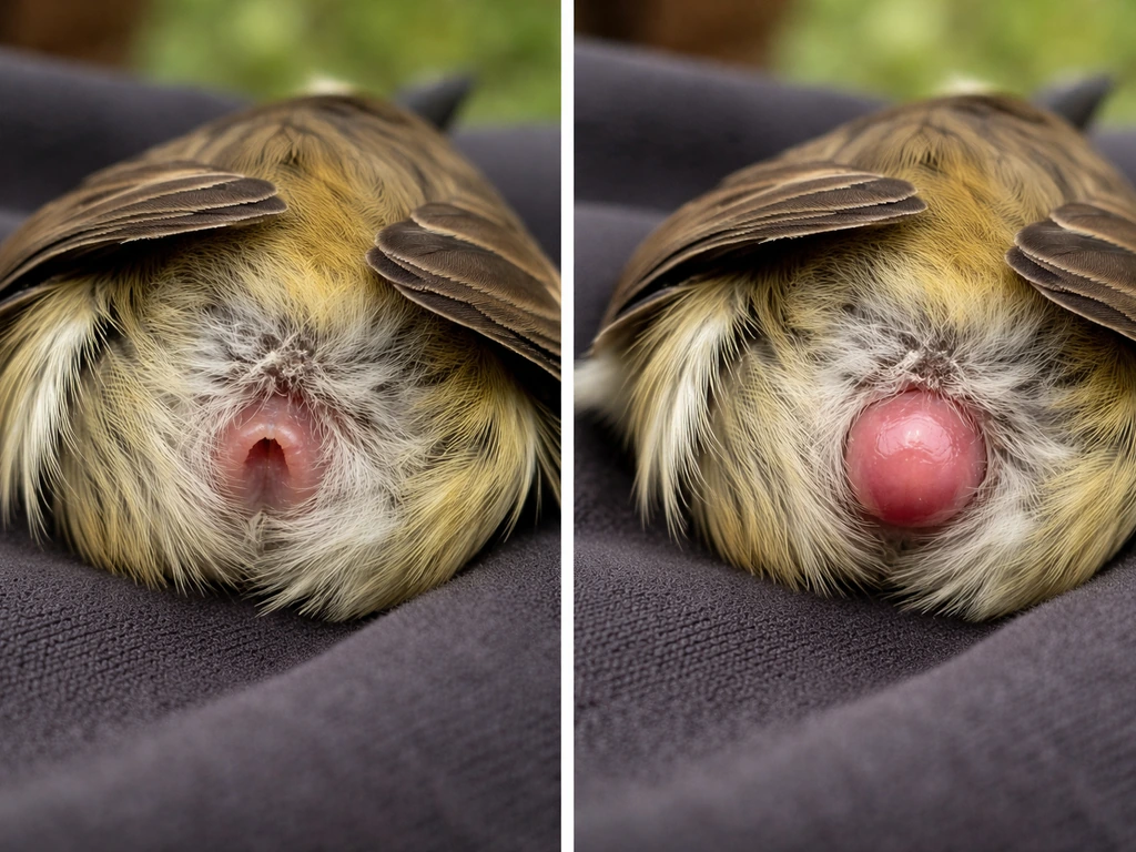 Close-up macro view of a small passerine on cloth showing subtle normal vs swollen cloacal protuberance.