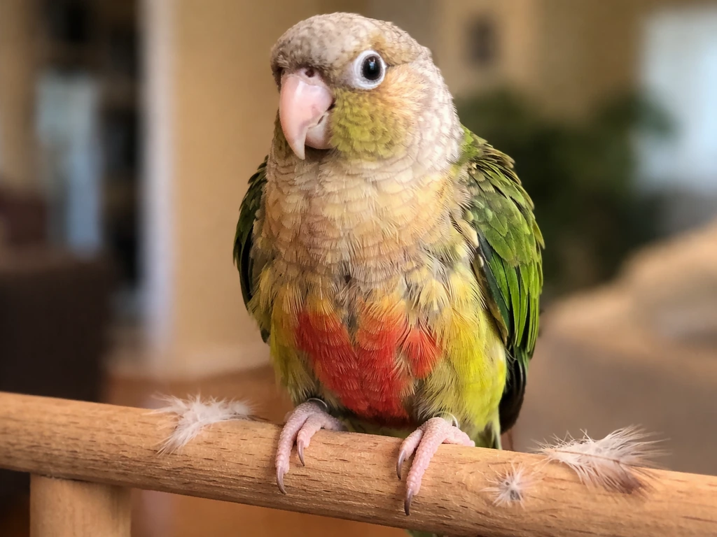 Close-up of a pet parrot during molt, with loose feathers and emerging new growth visible.