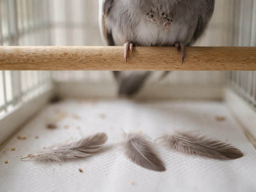 Loose feathers on a cage floor and small pin feathers starting to show near the perch.
