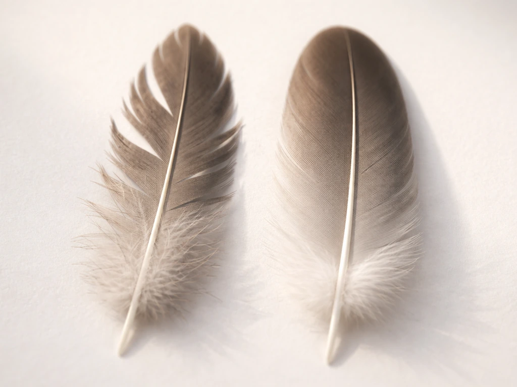 Macro close-up of worn frayed and healthy intact feathers side-by-side on a neutral background.