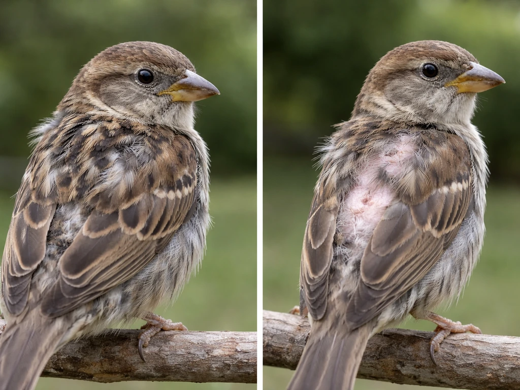 Split close-up of a bird: left shows pin feathers during normal molt; right shows patchy bald areas.