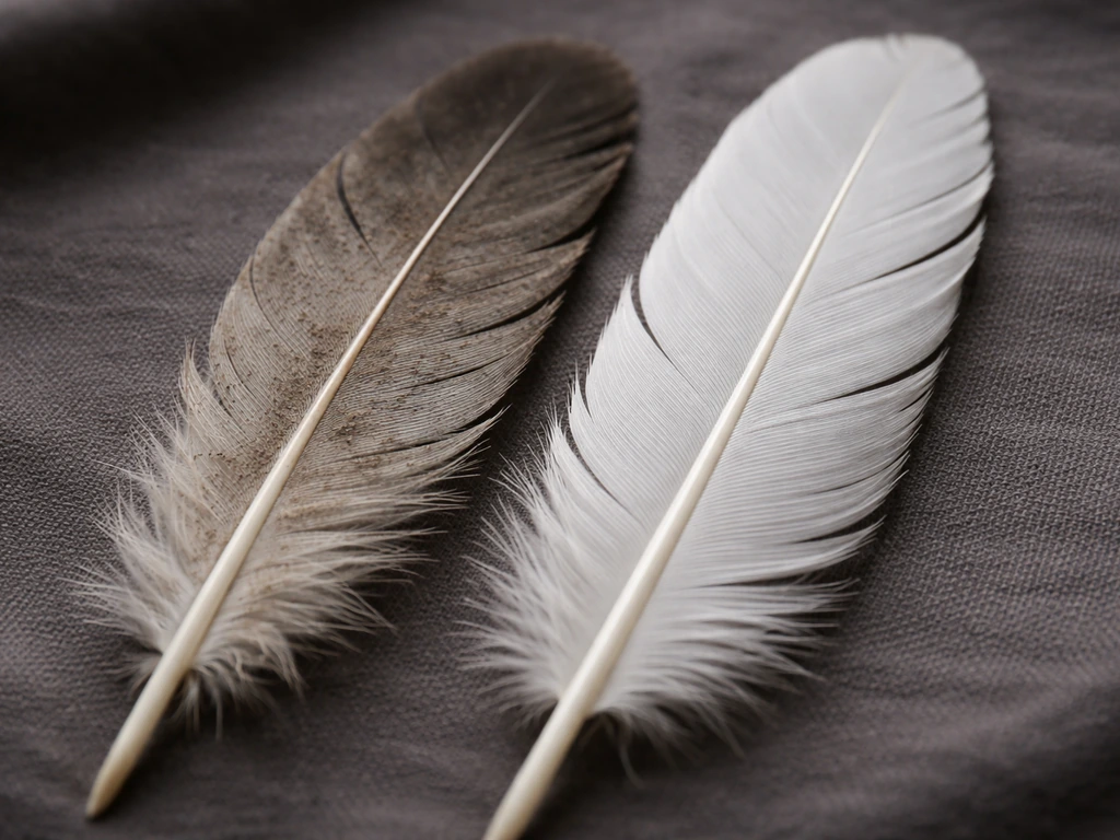 Two bird feathers side-by-side: one visibly grimy with mud/soot, the other cleaner and brighter.