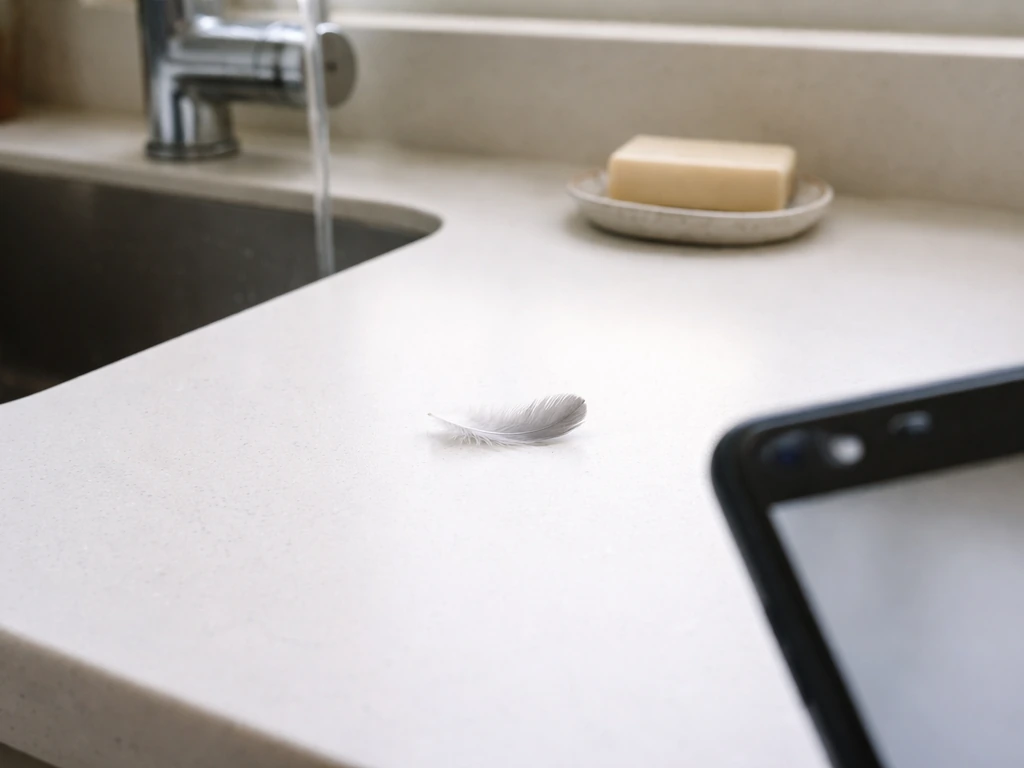 A small bird feather on a kitchen counter with nearby soap and faucet, suggesting safe handling.