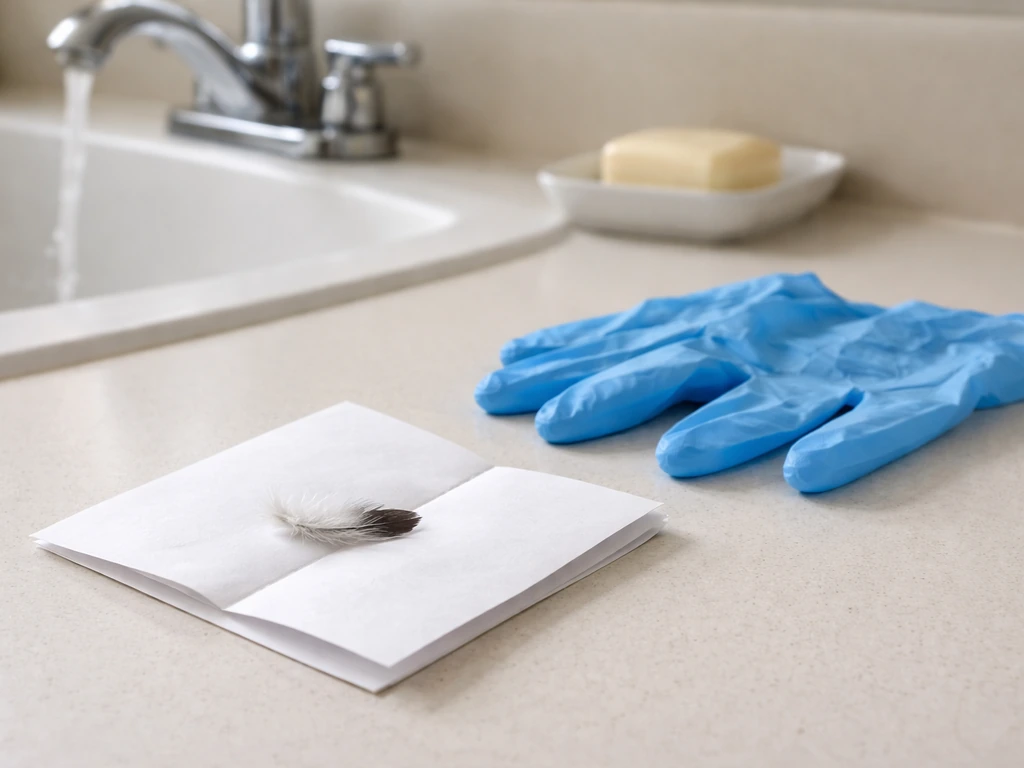 Gloved hands picking up a feather with folded paper over a sink, showing safe cleanup hygiene workflow.
