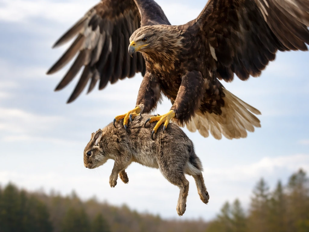 Large raptor in mid-air gripping prey with talons, carrying a heavy load against a simple sky.