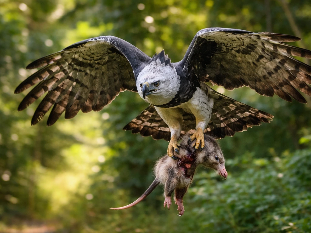 Harpy eagle in mid-flight gripping prey with strong talons over a sunlit tropical forest.