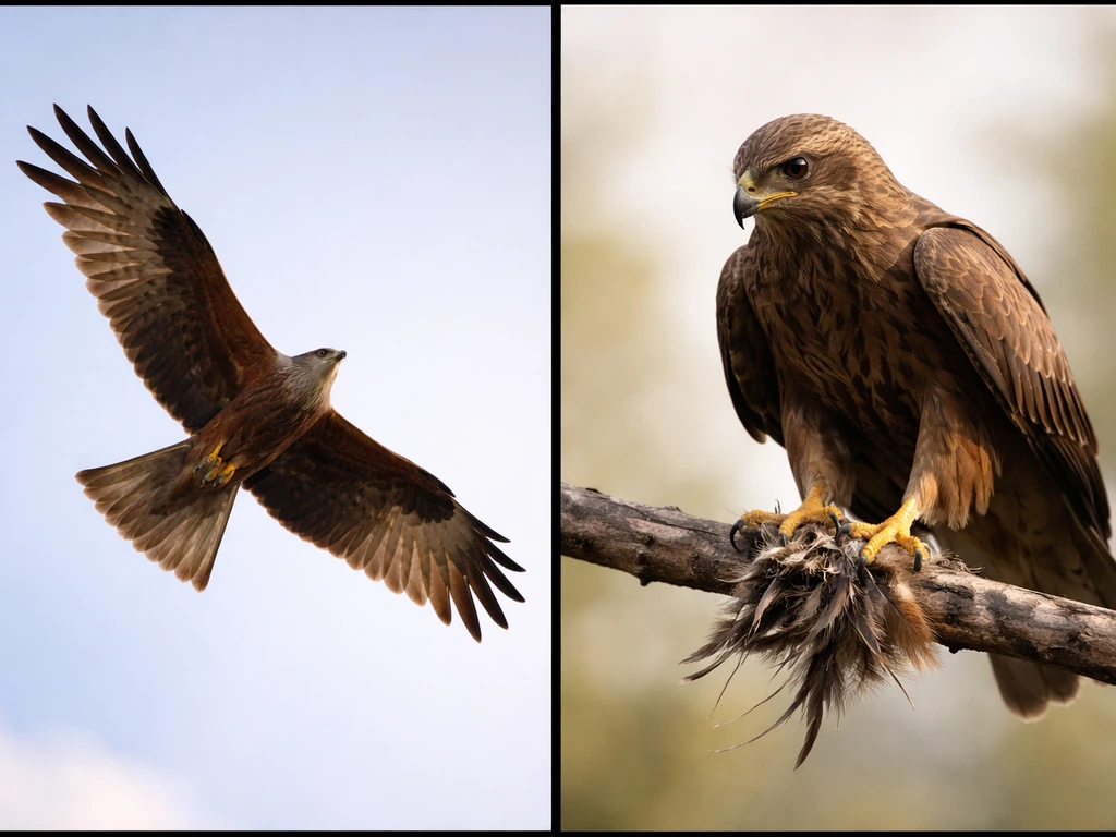 Split image showing a raptor gliding in sky on one side and gripping a small load with talons on the other.