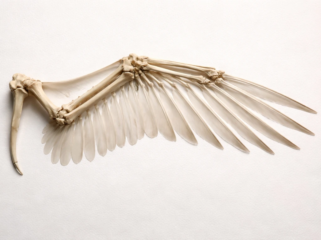 Close-up of a bird wing skeleton with visible bone segments and feather attachment points on neutral background