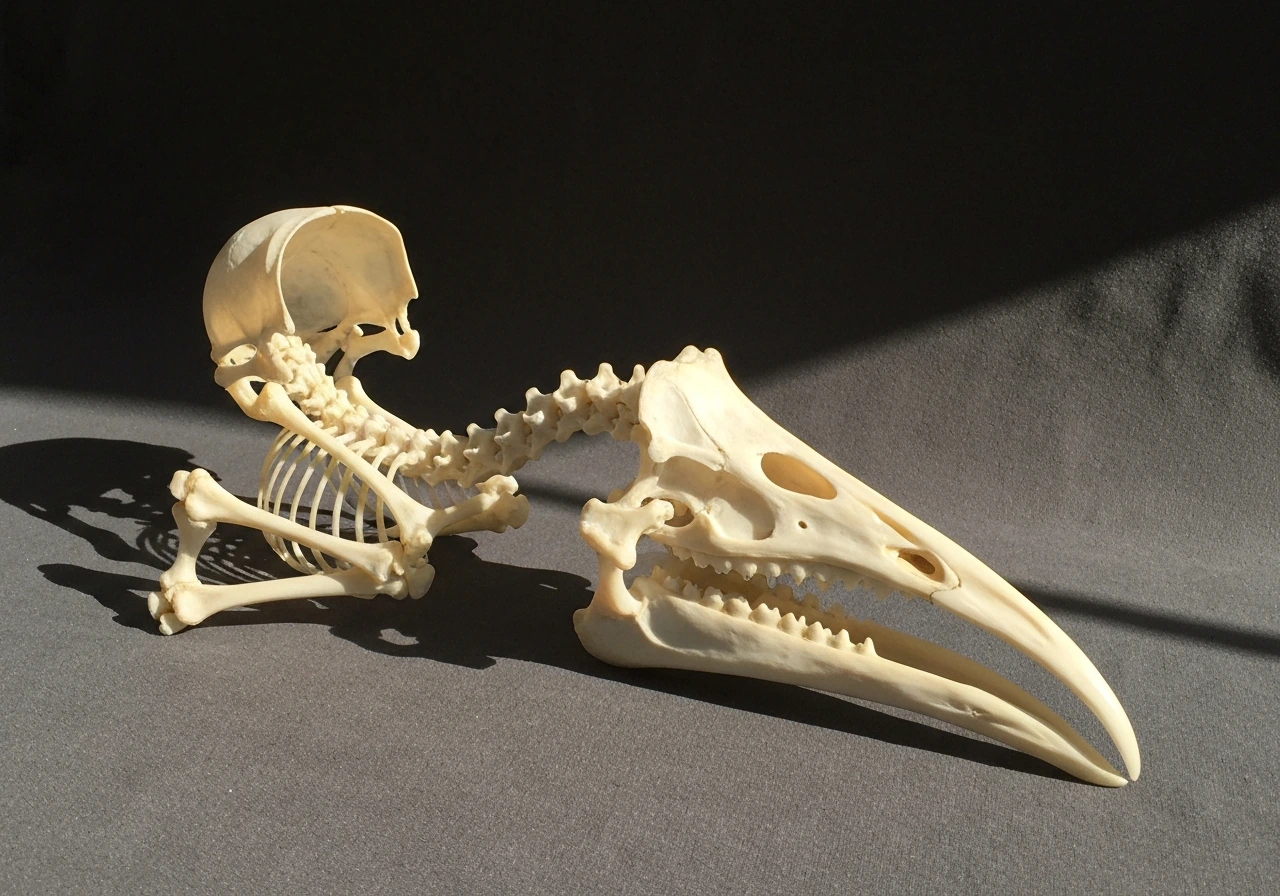 Close-up of a bird skeleton display showing some bones appear hollow while others look solid.