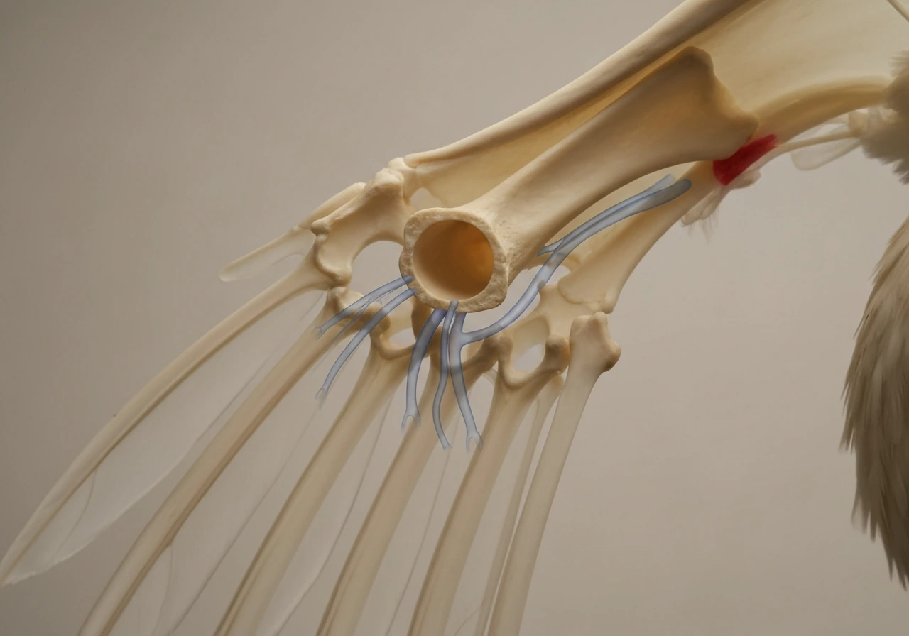 Realistic close-up of a hollow bird wing and wishbone area showing connected air-sac pathways