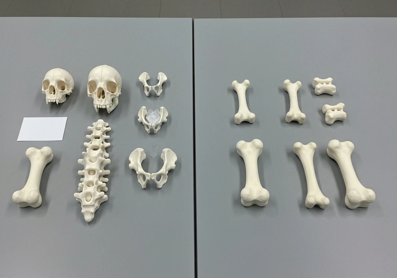 Minimal lab photo showing two side-by-side generic bird bone models: hollow pneumatic vs solid non-pneumatic.