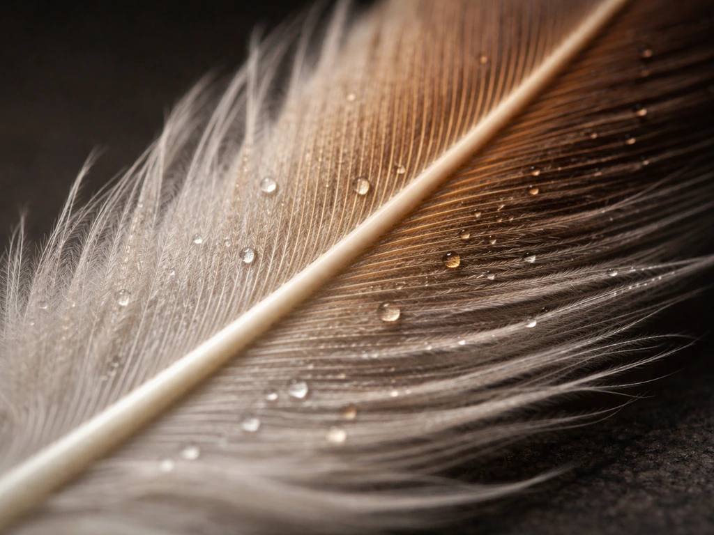 Macro close-up of a feather barb showing fibrous beta-keratin texture with slight oily sheen and pigment-like color.