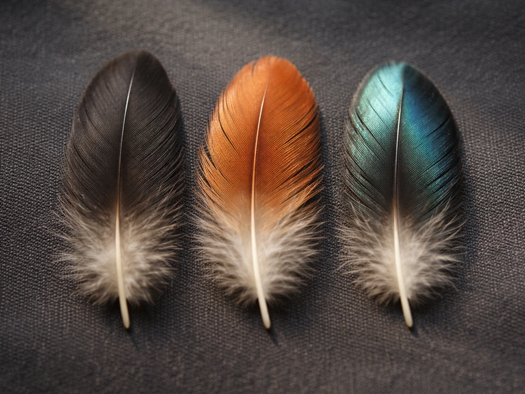 Close-up of three feathers showing brown, orange, and iridescent blue-green color shifts.