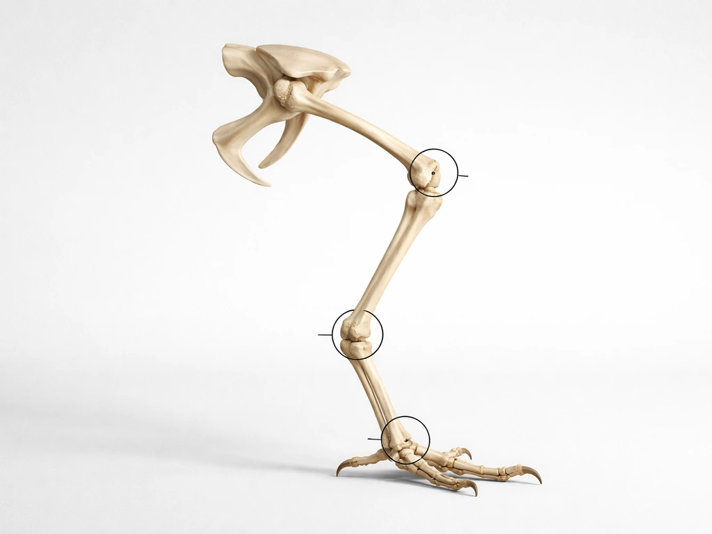 Realistic bird leg anatomy illustration highlighting the femur from hip to knee with simple bone callouts.