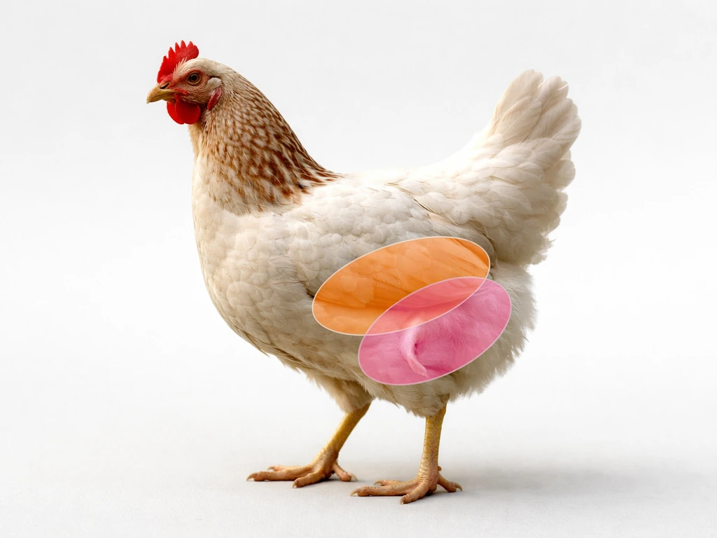 Standing chicken silhouette with translucent overlays showing common thigh vs true anatomical thigh region on legs.