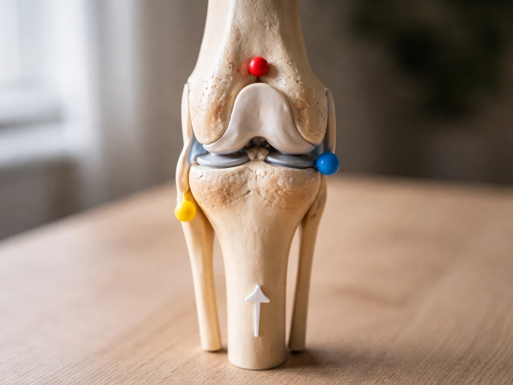 Close-up of a thigh and knee joint model showing the knee landmark with A–B–C concept markers (no text).