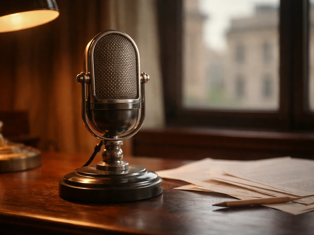 Vintage radio microphone on a wooden desk with warm light, evoking public communication without showing a person.