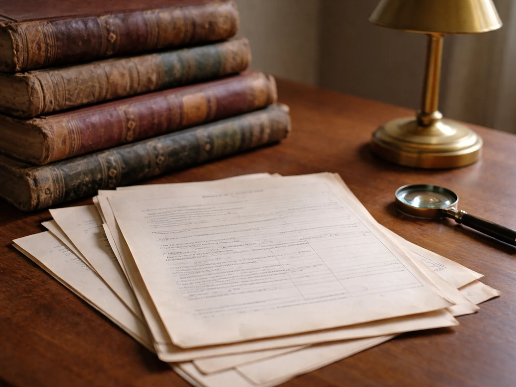Close-up of archival probate paperwork and county record books on a wooden desk with a magnifying glass