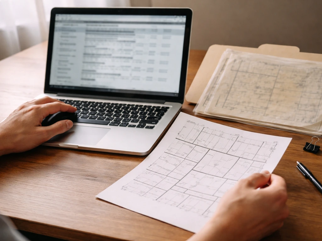 Hands using a laptop to look up county deed records beside printed parcel map and archival folders.